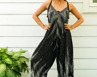 Black Peacock Boho Yoga Jumpsuit Rompers Pants with Pockets, Wide Leg Jumpsuit, Summer Jumpsuit, Women's Jumpsuit