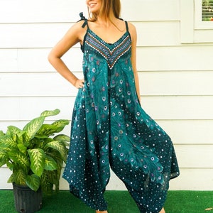 Teal Peacock Boho Jumpsuit Rompers Pants with Pockets, Wide Leg Summer Jumpsuit, Yoga Harem Pants Jumpsuit, Loungewear, Swimsuit Cover Up