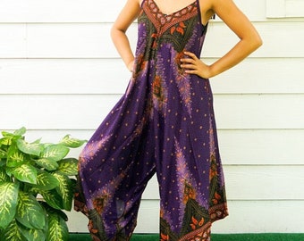 Purple Peacock Boho Jumpsuit Rompers Pants, Swimsuit Cover Up, Wide Leg Jumpsuit, Summer Jumpsuit, Hippie Jumpsuit