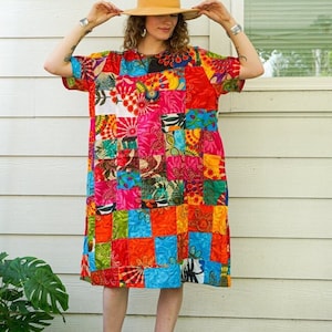 Patchwork Cotton Dress with Pockets, Quilt Hand Made Bohemian Dress, One of a Kind Dress, Gift for Her, Mom&#39;s Gift