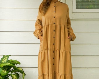 Brown Organic Cotton Tiered Maxi Dress with Pockets,  Boho Dress, Cotton Dress, Boho Clothing, 100% Organic Cotton