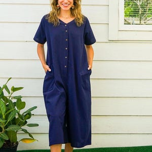 Dark Blue Jumpsuit Cotton Rompers Pants with Pockets, Boho Wide Leg Jumpsuit
