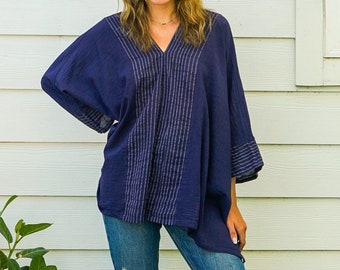 Navy Blue Raw Natural Cotton Gauze Blouse, Katoenen Tops, Katoenen Tuniek, Boho Shirt, Boho Kleding, 100% Biologisch Katoen