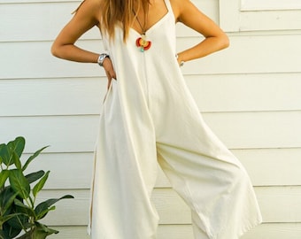 Cotton Boho Jumpsuits Rompers Pants with Pockets, Loose Overalls, Wide Legs Jumpsuits, 100% Organic Cotton Jumpsuit