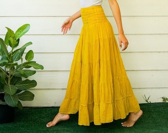 Falda larga bohemia de gasa de algodón, falda fluida con volantes, falda con cintura fruncida, ropa ligera de verano, falda para festivales.