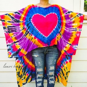 Sun-Kissed Heart | Hand Dyed Duster Kaftan Poncho Dress, Asymmetrical Boho Blouse, Beach Wear, Tie Dye Clothing, Festival Clothing