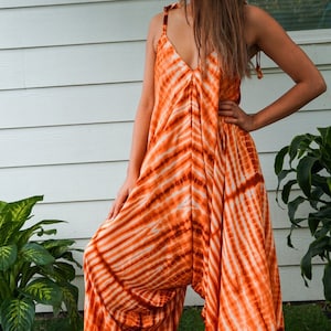 Bernsteinglühen | Handgefärbte Boho Jumpsuits Strampler Hosen, Loungewear, Overalls mit Weiten Beinen, Sommerkleidung, Strandkleidung