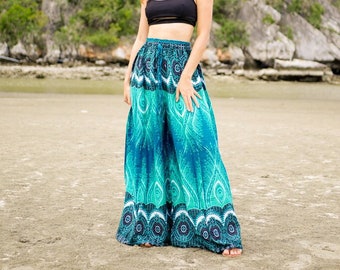 Turquoise Teal Blue Peacock Wide Leg Palazzo Pants, Elastic Waist