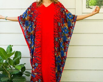 Red Floral Boho Kaftan Dress, Loose Fit Bohemian Maxi Dress, Beach Wear, Boho Clothing, Oversize Kaftan Dress, Boho Poncho, Loungewear