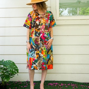 Patchwork Cotton Dress with Pockets, Quilt Hand Made Bohemian Dress, One of a Kind Dress, Gift for Her, Mom&#39;s Gift
