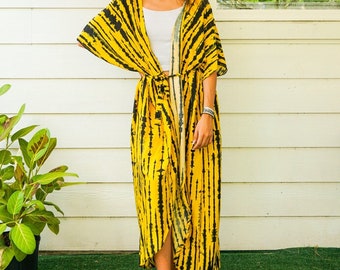 Kaftán kimono bohemio teñido a mano, bata larga de playa, bata de verano, bata fluida, pareos para trajes de baño