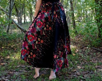 Black Floral Boho Maxi Skirt / Comfy Skirt / Handmade Skirt / Boho Clothing