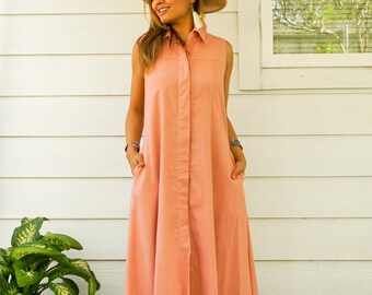 Peach Organic Cotton Boho Collared Dress with Pockets / Organic Cotton Dress / Boho Clothing