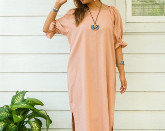 Peach Cotton Maxi Dress with Pockets /  Boho Dress / Cotton Dress / Boho Clothing / 100% Organic Cotton Dress