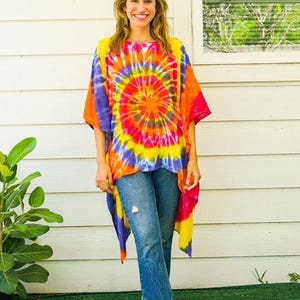 Festival Whirl | Hand Dyed Duster Kaftan Tunic, Asymmetrical Boho Dress, Tie Dye Poncho, Oversize Kaftan, Beach Wear, Loungewear