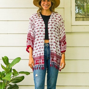 Copricostume in stile kimono boho color elefante cremisi, cardigan con tunica, caftano poncho boho