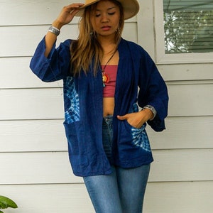 Shibori Hand Dyed Cotton Cardigan with Pockets, Boho Kimono Jacket, Boho Clothing