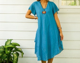 Robe Maxi en coton froissé bleu brut, robe Boho, robe Maxi en coton, vêtements Boho, 100 % coton biologique