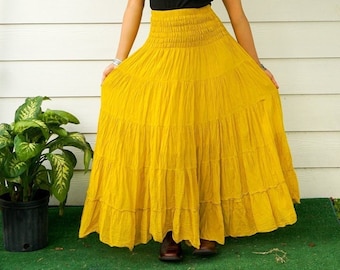 Falda larga bohemia de gasa de algodón, falda fluida con volantes, falda con cintura fruncida, ropa ligera de verano, falda para festivales.