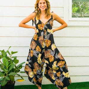Yellow Hibiscus Italian Silk Jumpsuits Rompers Pants with Pockets / Boho Jumpsuit / Wide Legs Jumpsuits / Boho Clothing