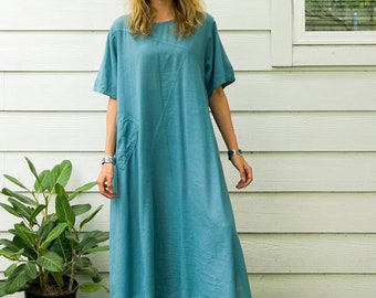Robe en gaze de coton naturel brut bleu turquoise avec poche, robe Boho, robe en coton, vêtements Boho, coton 100% biologique