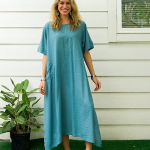 Blue Turquoise Natural Cotton Gauze Dress with Pocket,  Boho Dress, Cotton Dress, Boho Clothing