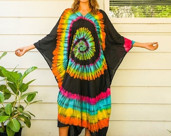 Handgeverfde jurk kaftan, losse pasvorm tie-dye-jurk, strandkleding, tie-dye kleding, oversized kaftanjurk, tye-dye poncho, loungewear