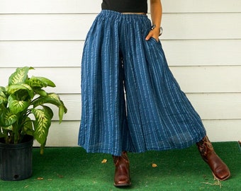 Blue Striped Linen Wide Legs Palazzo Pants, Bell Bottoms Flair Linen Pants, Hippie Pants, Boho Clothing, 100% Organic Linen Clothing