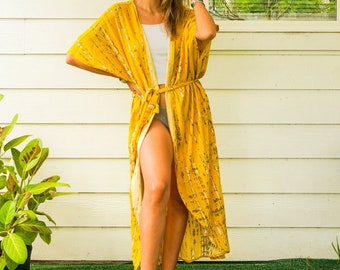 Kaftán kimono bohemio teñido a mano, bata larga de playa, bata de verano, bata fluida, pareos para trajes de baño