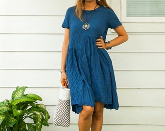 Teal Blue Raw Natural Crinkled Cotton Midi Dress with Pockets, Boho Dress, Cotton Sundress Maxi Dress, Boho Clothing, 100% Organic Cotton