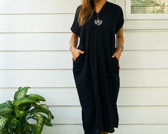 Black Double Gauze Cotton Dress with Pockets / Boho Maxi Dress / Kaftan Dress / Loungewear / Maternity Dress/ 100% Organic Cotton