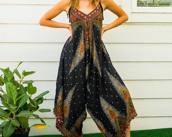 Black Peacock Boho Jumpsuit Rompers Pants with Pockets, Swimsuit Cover Up, Wide Leg Jumpsuit, Summer Jumpsuit, Hippie Jumpsuit, Boho Romper