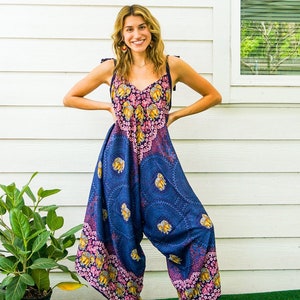 Blue Mandala Elephant Jumpsuit Rompers Pants with Pockets, Wide Leg Summer Jumpsuit, Yoga Harem Pants Jumpsuit, Loungewear