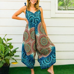 Turquoise Mandala Boho Jumpsuit Rompers Pants with Pockets, Wide Leg Summer Jumpsuit, Yoga Harem Pants Jumpsuit, Loungewear