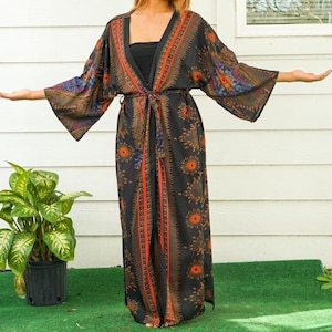 Ember Peacock Boho Kaftan Kimono Cover Up, Long Beach Robe, Summer Robe, Flowy Robe, Swimsuit Cover Ups