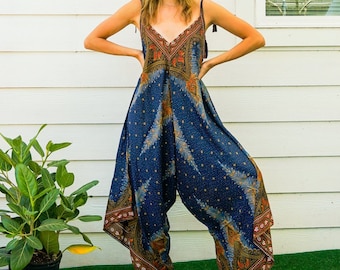 Blue Peacock Boho Jumpsuit Rompers Pants with Pockets, Wide Leg Summer Jumpsuit, Yoga Harem Pants Jumpsuit, Loungewear, Swimsuit Cover Up