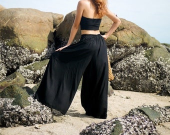 Black Wide Leg Palazzo Pants, Boho Pants, Elastic Waist Trousers, Flowy Lounge Pants, Comfortable Everyday Wear