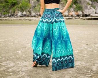 Turquoise Teal Blue Peacock Wide Leg Palazzo Pants, Elastic Waist