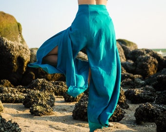 Turquoise Blue Palazzo Wrap Pants, Boho Pants, Beach Pants, Harem Flow Pants,  Open Flow Genie Pants, Bohemian Flow Pants, Belly Dance Pants