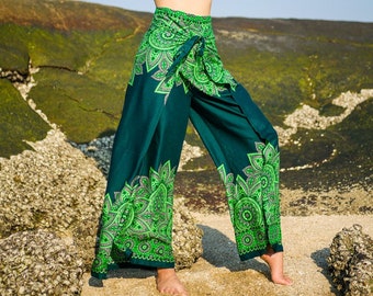 Green Mandala Palazzo Wrap Pants, Boho Pants, Harem Flow Pants,  Open Flow Genie Pants, Bohemian Flow Pants, Belly Dance Pants