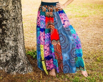 Boho Chic Patchwork Tiered Maxi Skirt, Hippie Handmade Skirt, Summer Lounge Skirt