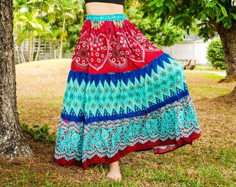 Boho Chic Patchwork Tiered Maxi Skirt, Hippie Handmade Skirt, Summer Lounge Skirt