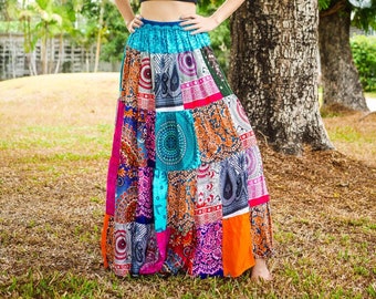 Boho Chic Patchwork Tiered Maxi Skirt, Hippie Handmade Skirt, Summer Lounge Skirt