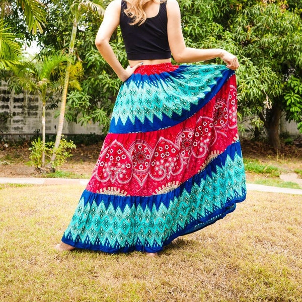 Boho Chic Patchwork Tiered Maxi Skirt, Hippie Handmade Skirt, Summer Lounge Skirt