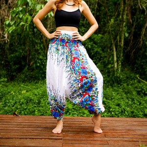 White Florals Hippie Pants, Harem Pants, Aladdin Pants, Lounge Hippie Pants, Boho Pants, Festival Pants, Festival Clothing