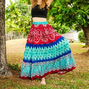 Boho Chic Patchwork Tiered Maxi Skirt, Hippie Handmade Skirt, Summer Lounge Skirt