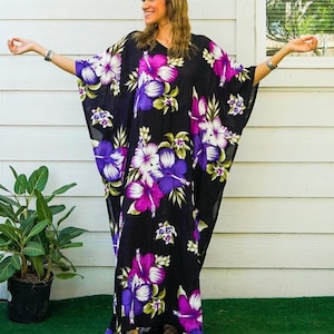 Hibiscus Floral Boho Kaftan Dress, Loose Fit Kaftan Dress, Beachwear, Loungewear, Swimsuit Cover Up, Hawaiian Caftan
