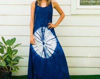 Shibori Indigo Hand Dyed Dress, Racerback Knot Dress, Summer Wear, Beach Wear, Beach Dress, Loose Fitting Dress, Loungewear