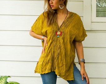 Raw Natural Crinkled Cotton Gauze Kaftan Blouse, Cotton Tops, Boho Shirt, Boho Clothing