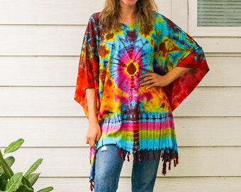 Hand Dyed Tunic, Boho Kaftan Blouse , Hippie Oversize Tops, Beachwear, Tie Dye Clothing, Hippie Clothing, Loungewear, Tie Dye Poncho Cover